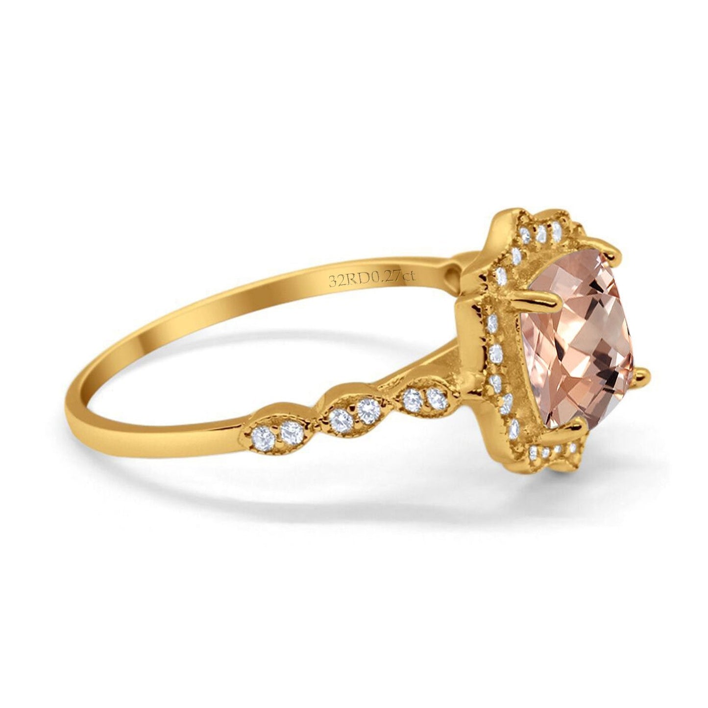 14K Yellow Gold 2.31ct Cushion 8mm Halo G SI Natural Morganite Diamond Engagement Wedding Ring Size 6.5