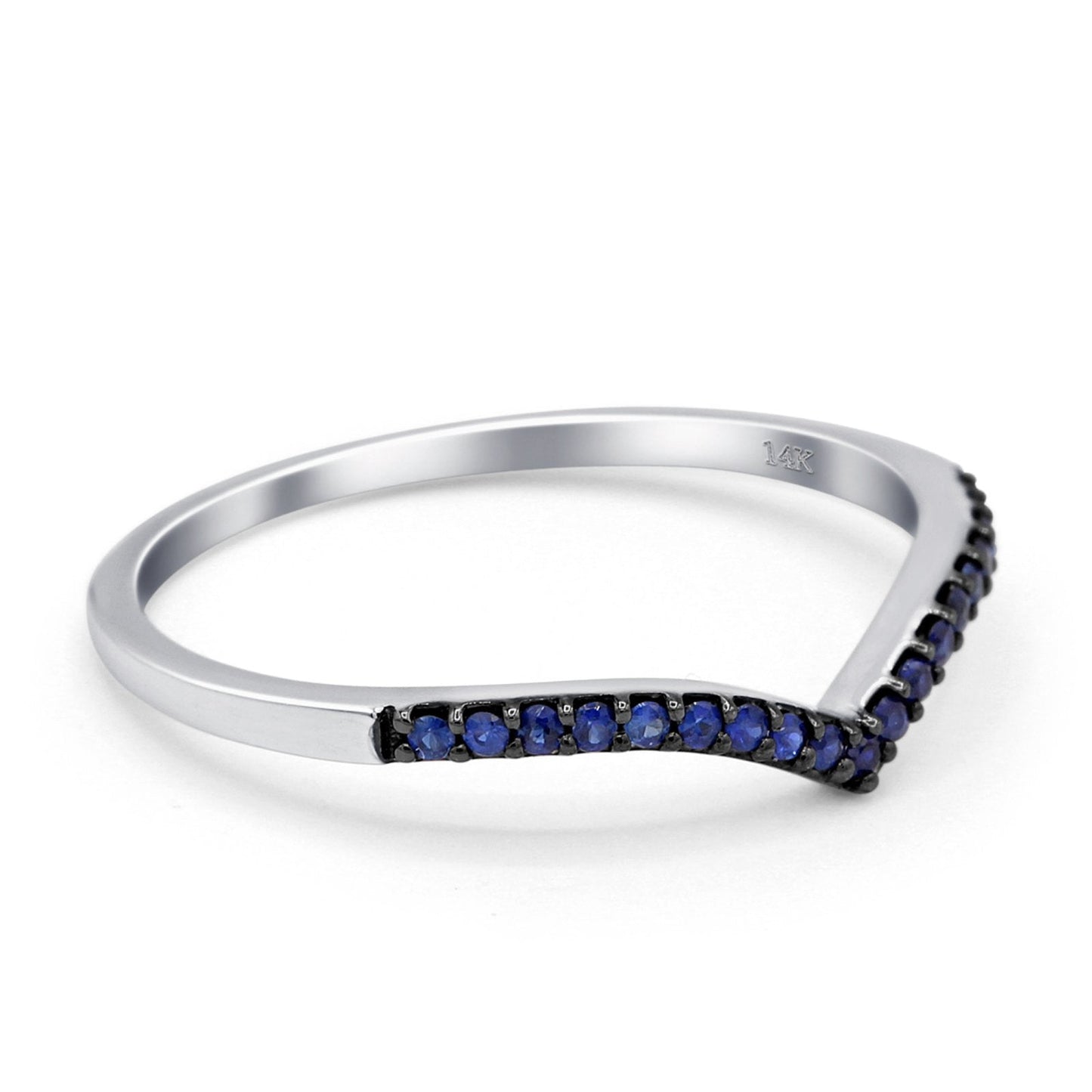 14K White Gold 0.18ct Round 4mm F S2 V Shape Natural Blue Sapphire Chevron Diamond Half Eternity Wedding Band Ring Size 6.5