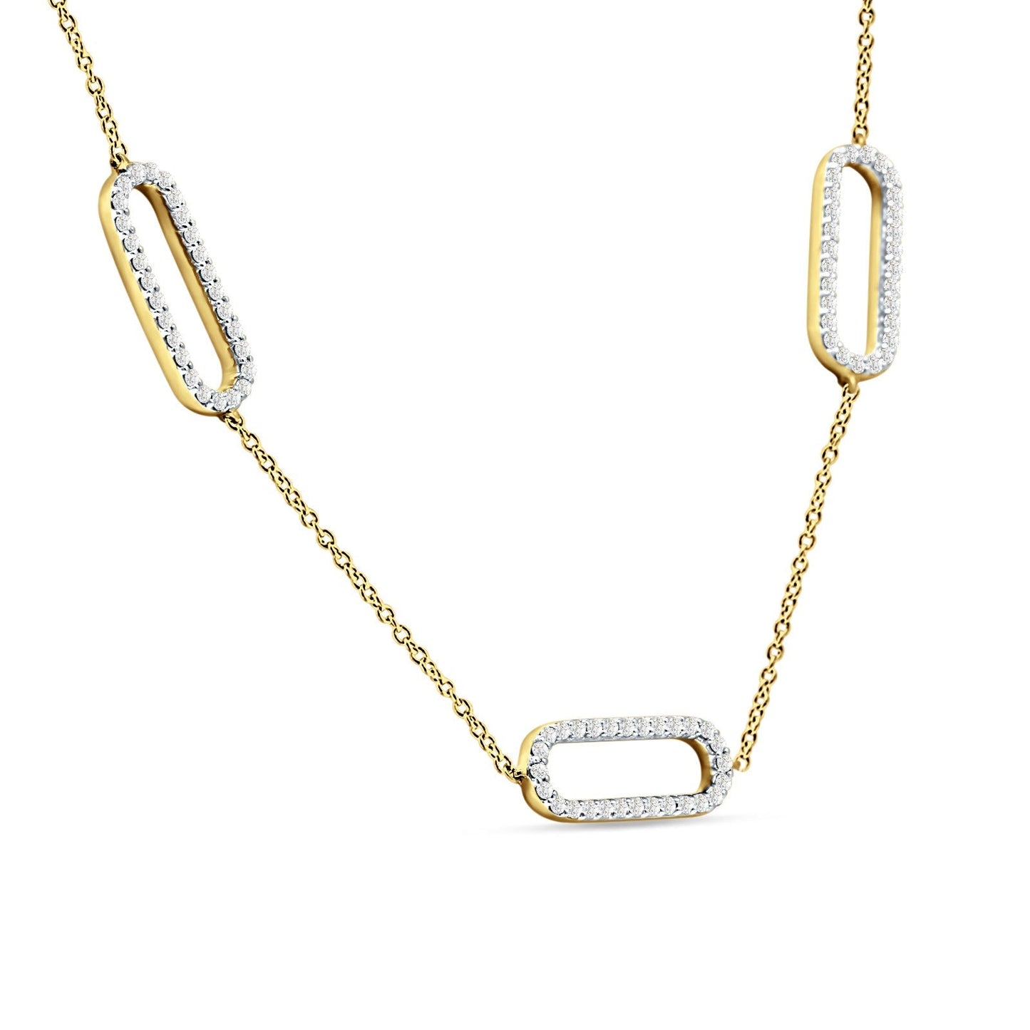 14K Yellow Gold 0.37ct Three Link Oval Paperclip Chain Necklace Natural Diamond Pendant 18" Long