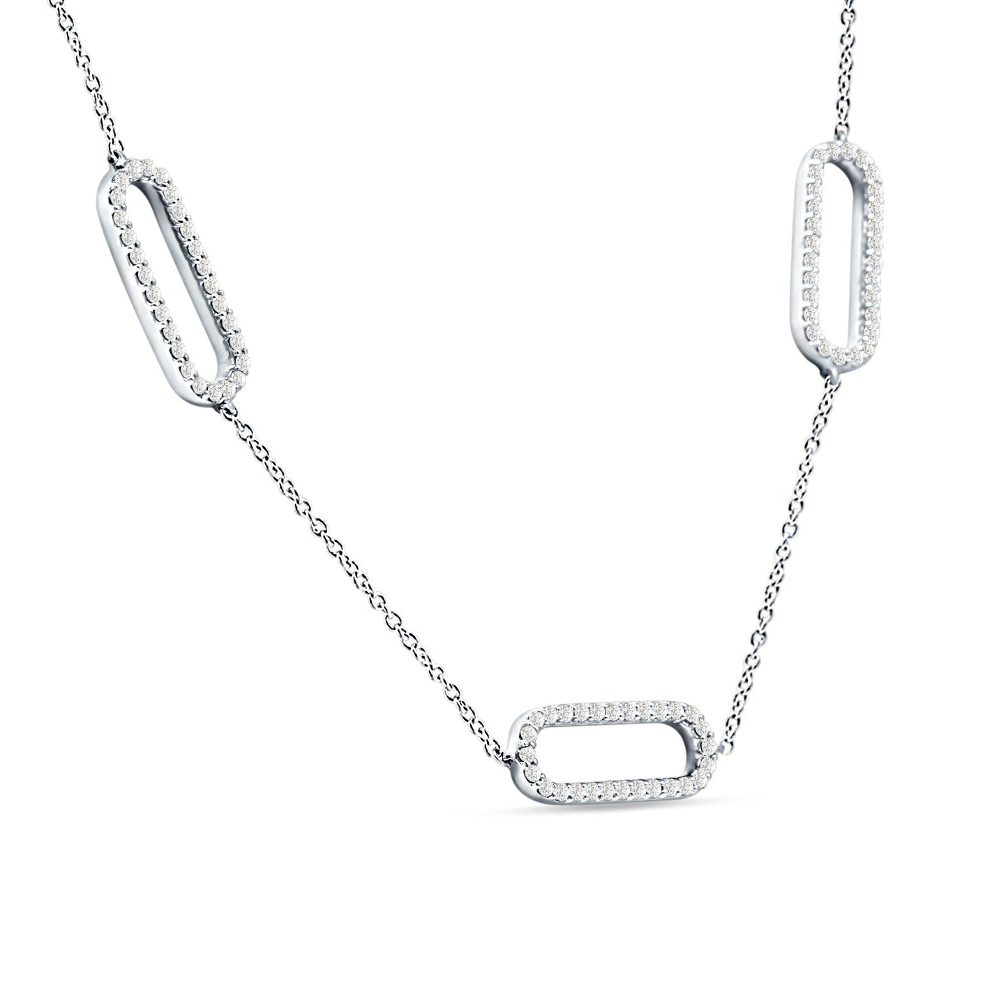 14K White Gold 0.37ct Three Link Oval Paperclip Chain Necklace Natural Diamond Pendant 18" Long