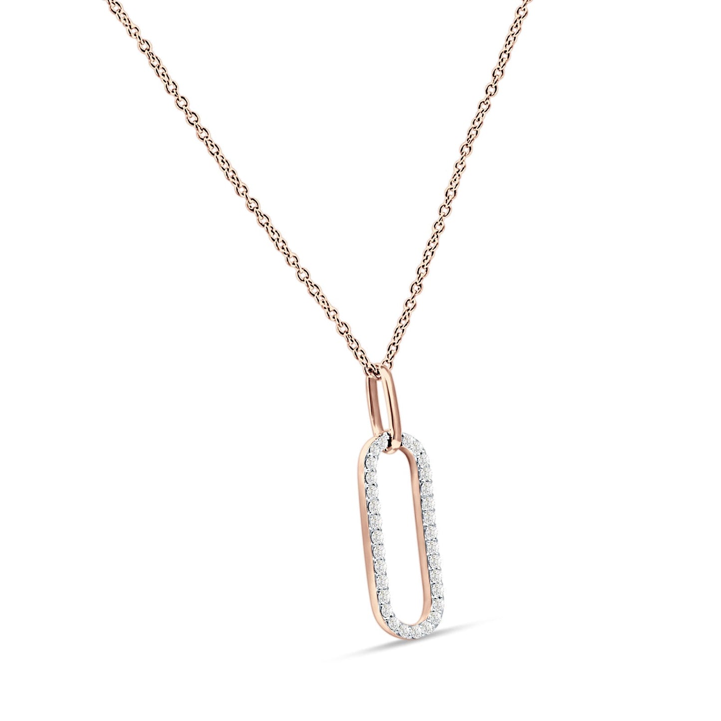 14K Rose Gold 0.16ct Oval Papercllip Drop Necklace Natural Diamond Pendant 18 Inch Long