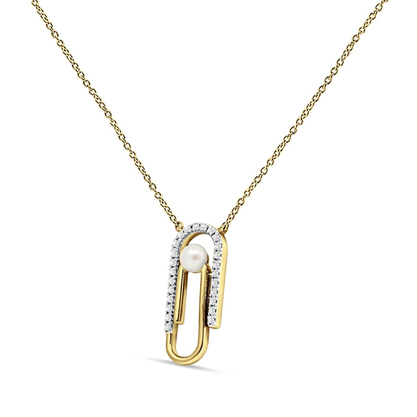 14K Yellow Gold 0.10ct Pearl Charm Paperclip Natural Diamond Pendant Necklace 18" Long