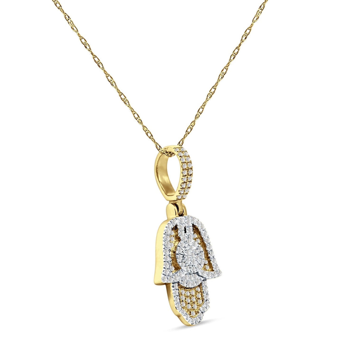 14K Yellow Gold 0.22ct Hamsa Hand Charm Pendant Natural Diamond Necklace 18 Inch