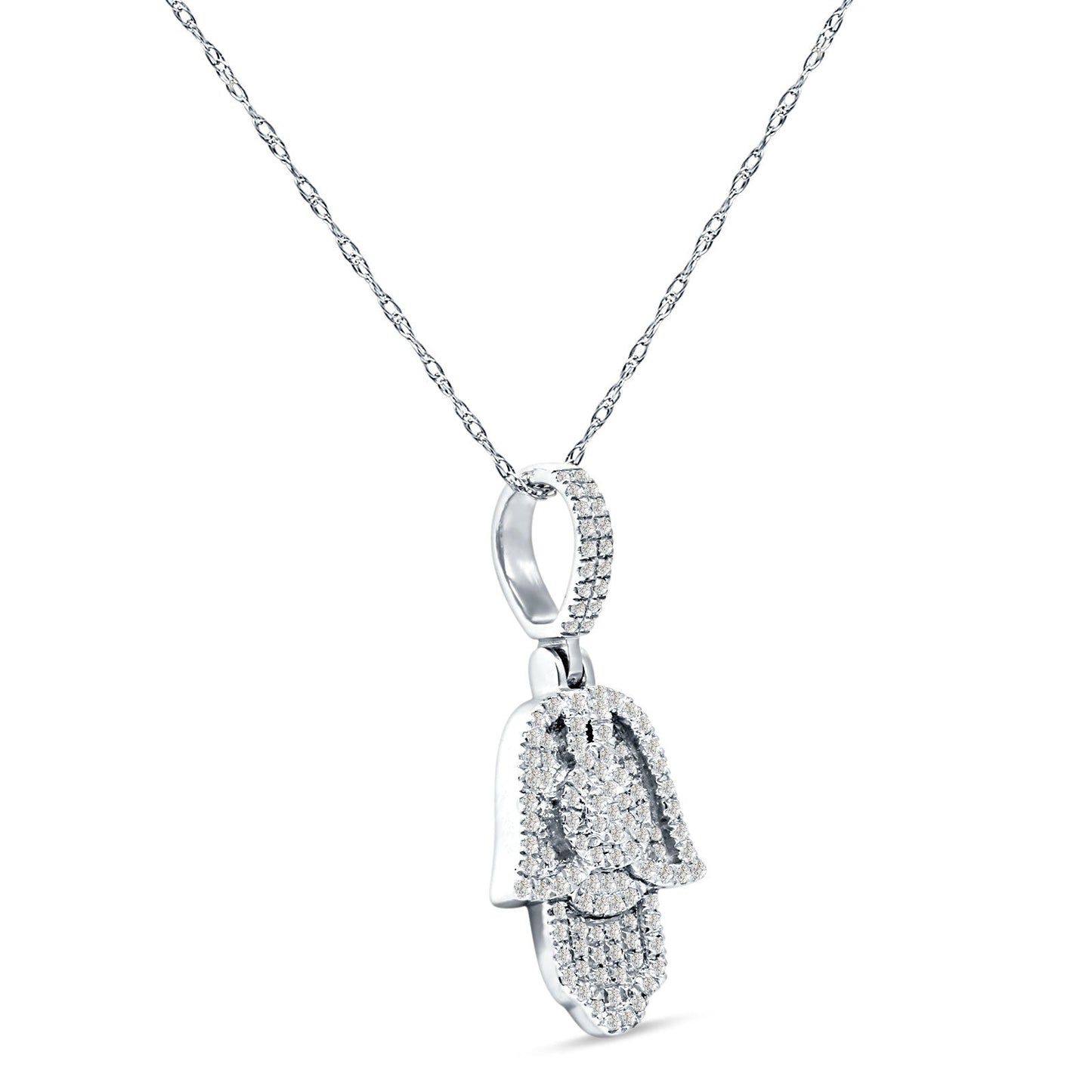 14K White Gold 0.22ct Hamsa Hand Charm Pendant Natural Diamond Necklace 18" Long Wholesale