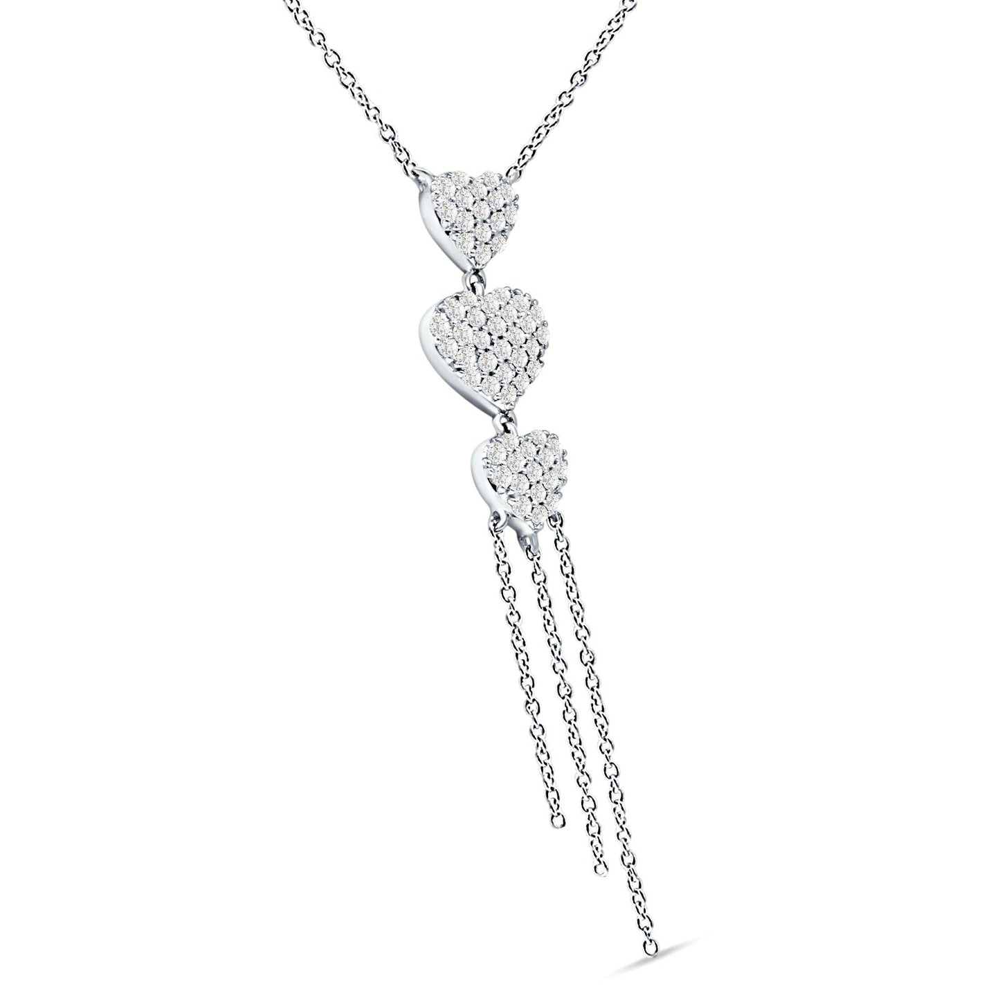 14K White Gold 0.34ct  Three Heart Drop Necklace Round Diamond Pendant 16" Long Wholesale