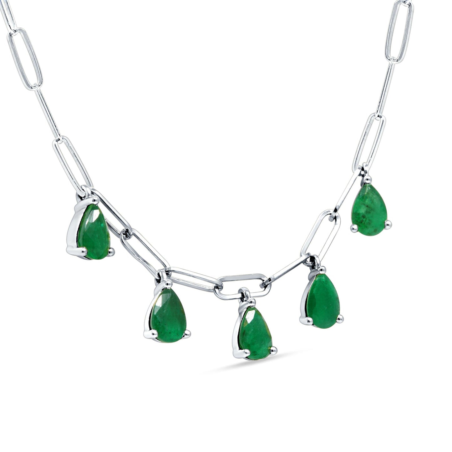 14K White Gold 1.65ct Green Emerald Five Pear Pendant Paperclip Chain Necklace 16 Inch Long