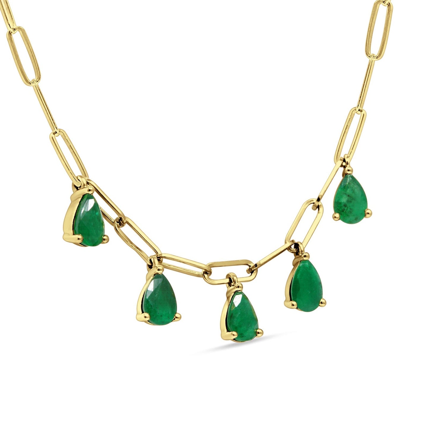 14K Yellow Gold 1.65ct Green Emerald Five Pear Pendant Paperclip Chain Necklace 16 Inch Long