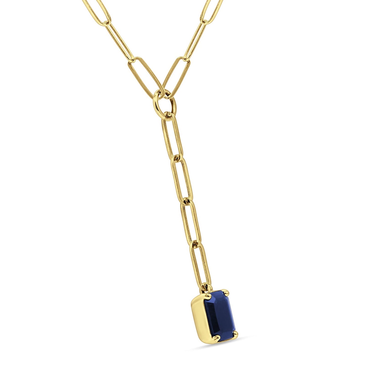 14K Yellow Gold 0.91ct Emerald Cut Paperclip Chain Necklace Blue Sapphire 16" Long