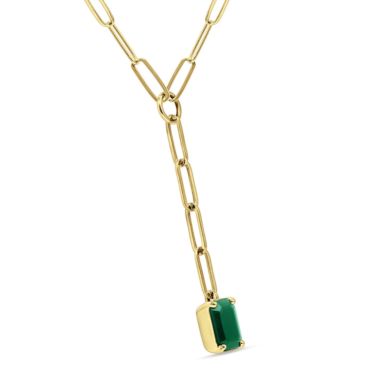 14K Yellow Gold 0.95ct Emerald Cut Pendant Green Emerald Paperclip Chain Necklace 16" Long