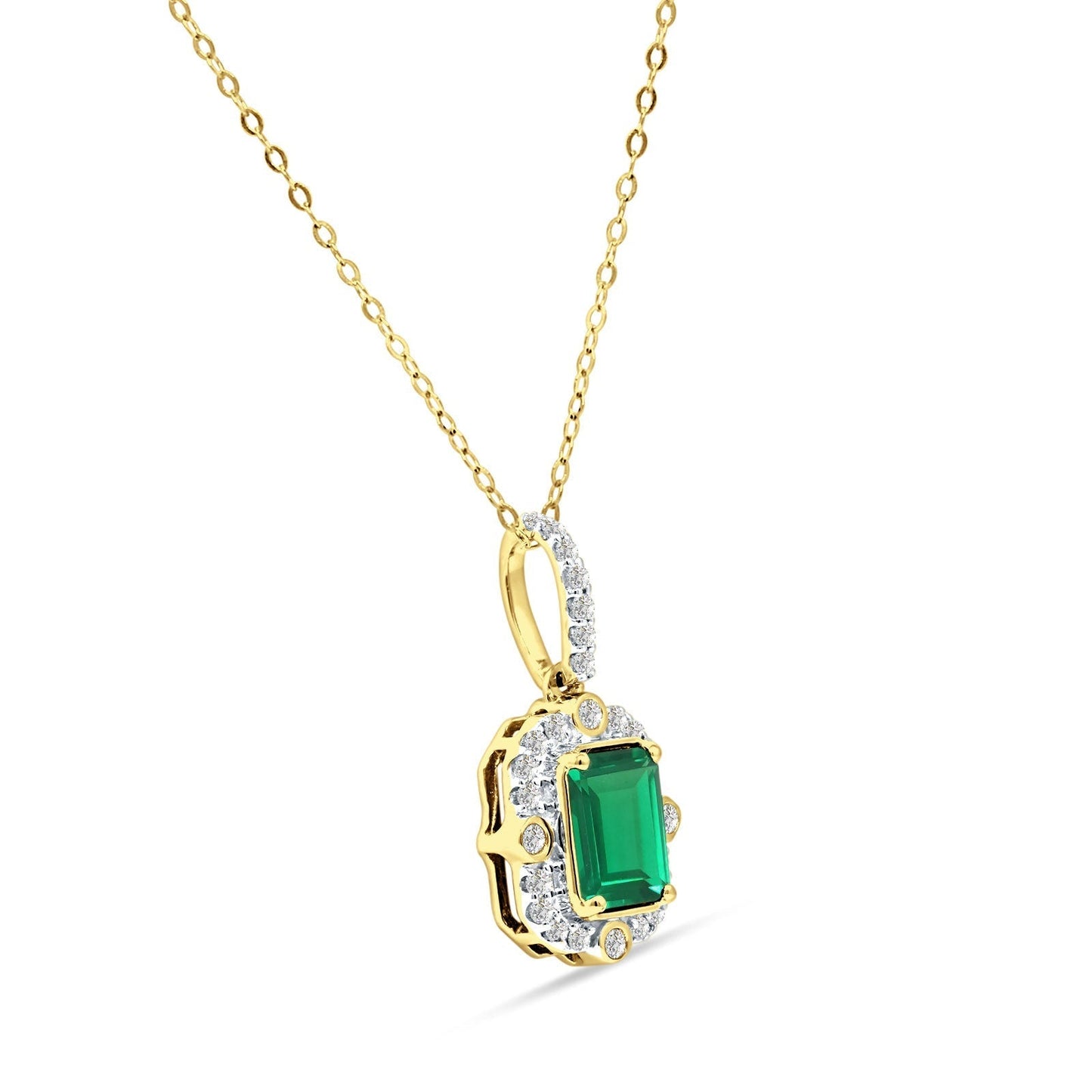 14K Yellow Gold 0.18ct Natural Emerald & Diamond Halo Solitaire Pendant Necklace 18" Long