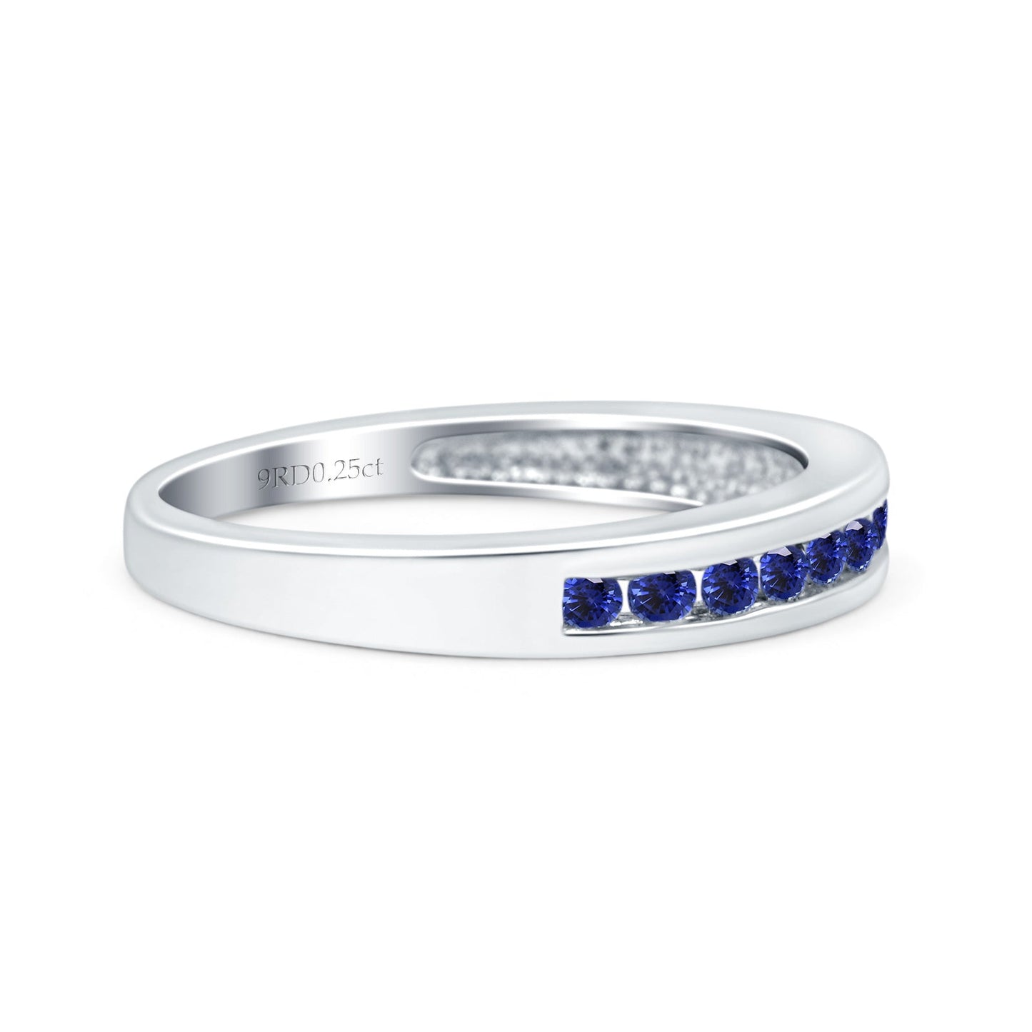 14K White Gold 0.25ct Round 3mm Art Deco G SI Half Eternity Blue Sapphire Band Diamond Engagement Wedding Ring Size 6.5