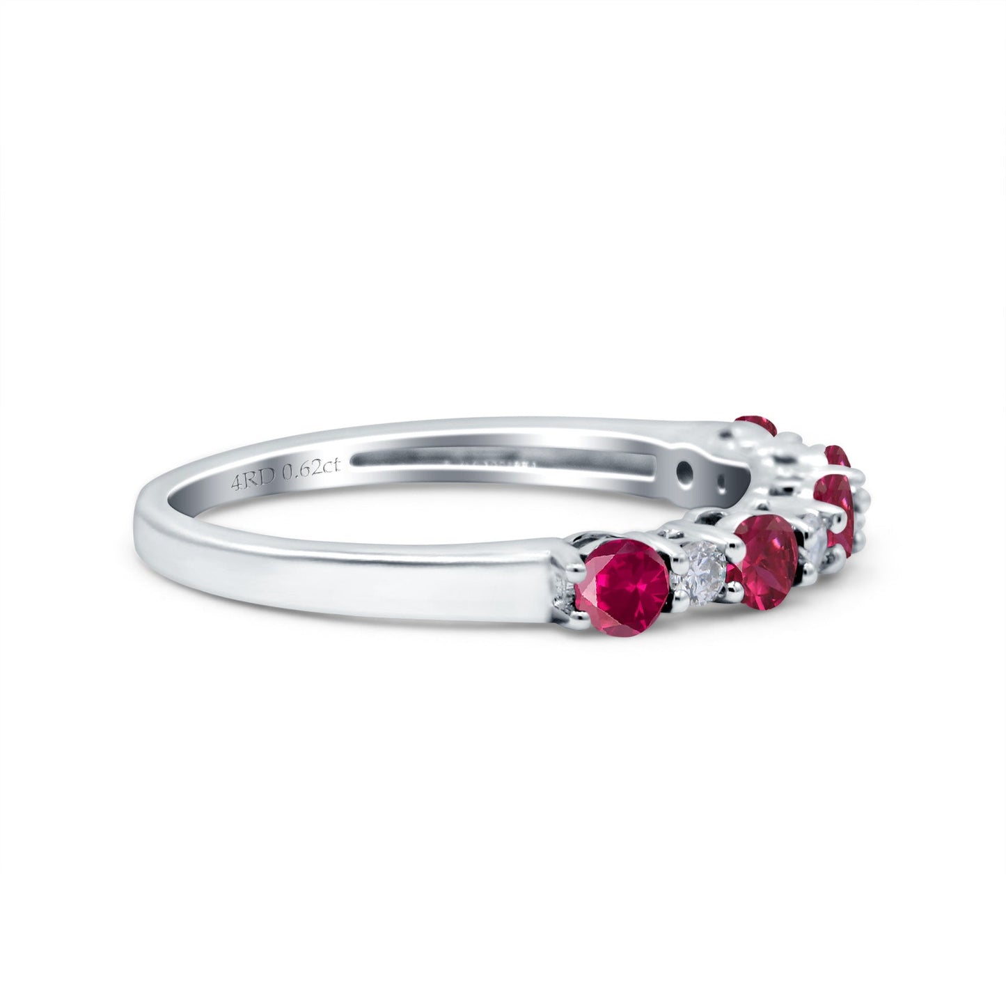 14K White Gold 0.62ct Round 2.5mm Band G SI Half Eternity Ruby & Diamond Engagement Wedding Ring Size 6.5