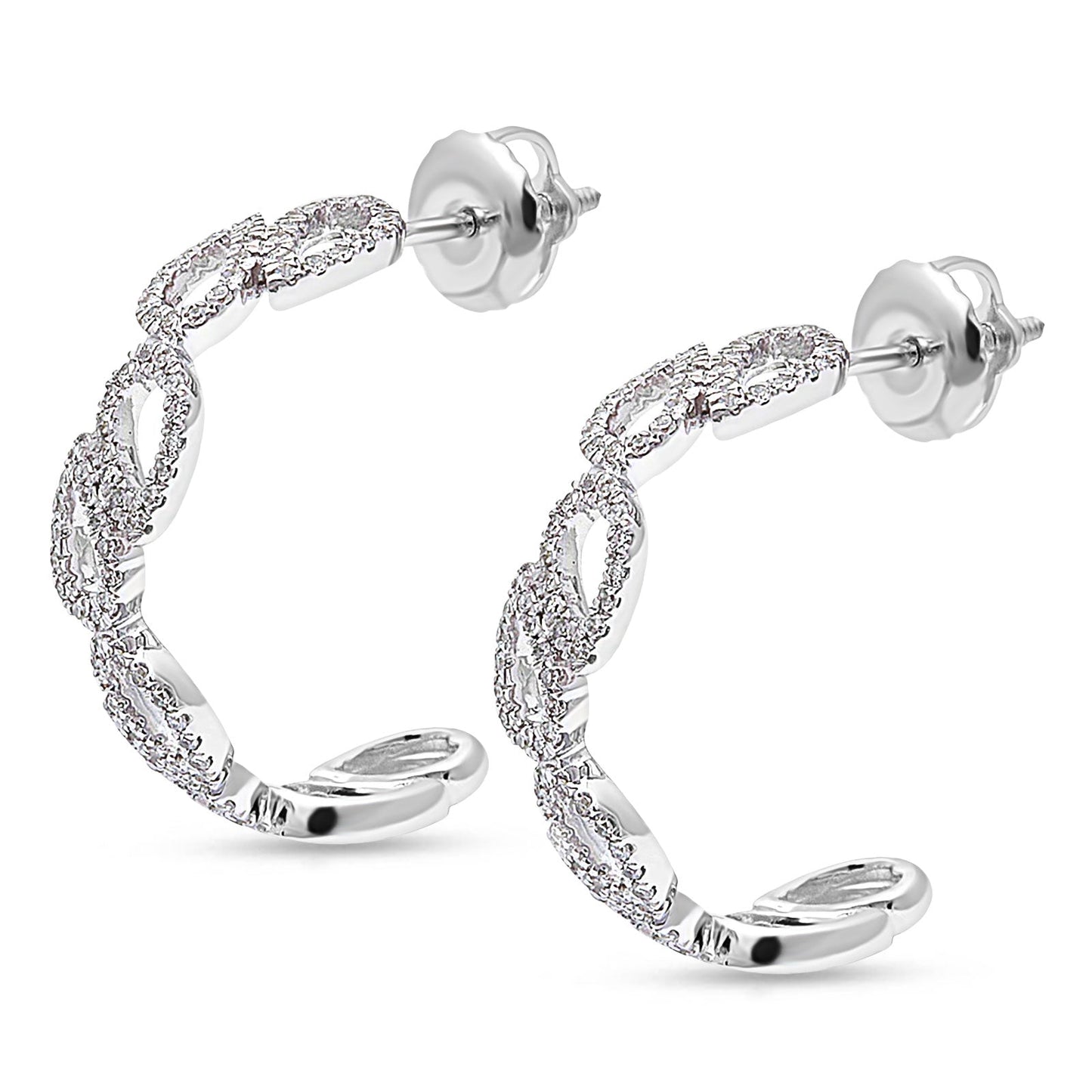 Solid 14K White Gold 25mm Half Hoop Huggie Stud Style Teardrop Pear Round Diamond Earrings Wholesale