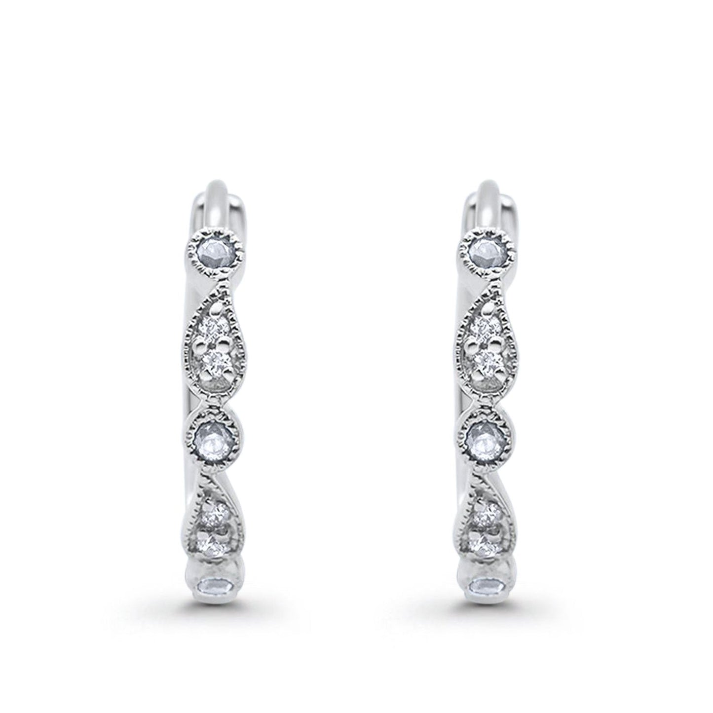 14K White Gold .14ct G SI Antique Style Hoop Huggie Diamond Earrings