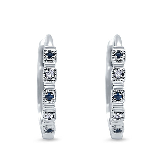 14k White Gold .08ct G SI Antique Blue Sapphire & Diamond Hoop Huggie Earrings