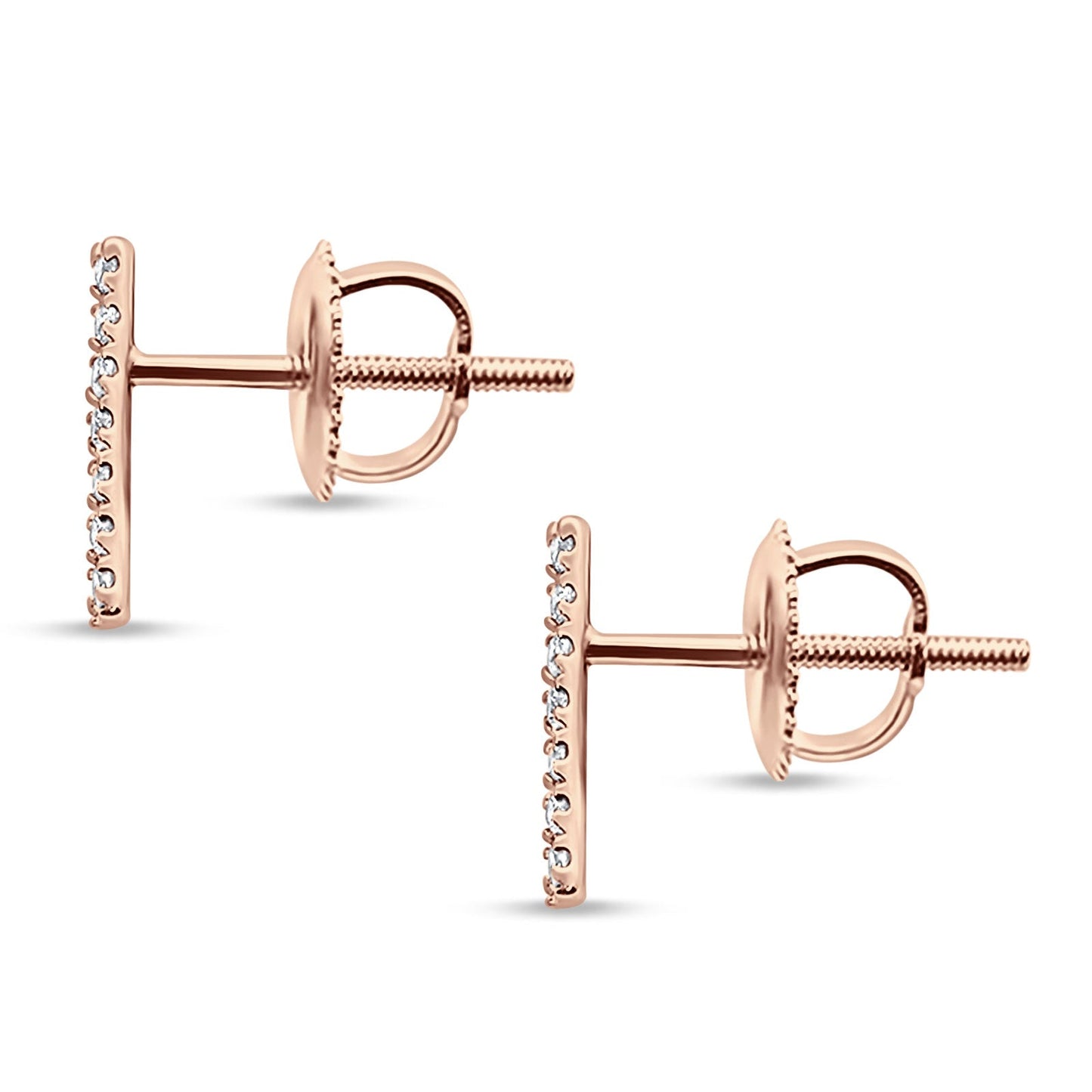 Solid 14K Rose Gold 10mm Bar Line Modern Diamond Stud Earrings Screw Back Wholesale