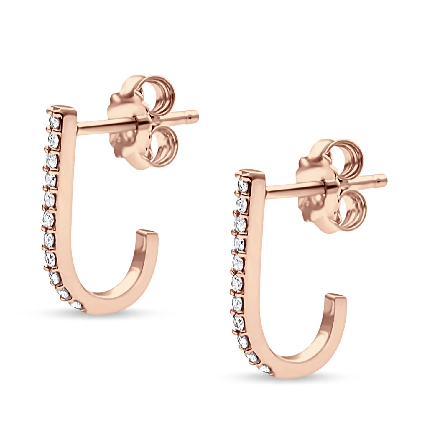 Solid 14K Rose Gold 12.7mm J Shaped Classic Hoop Push Back Stud Earring Round Diamond Wholesale