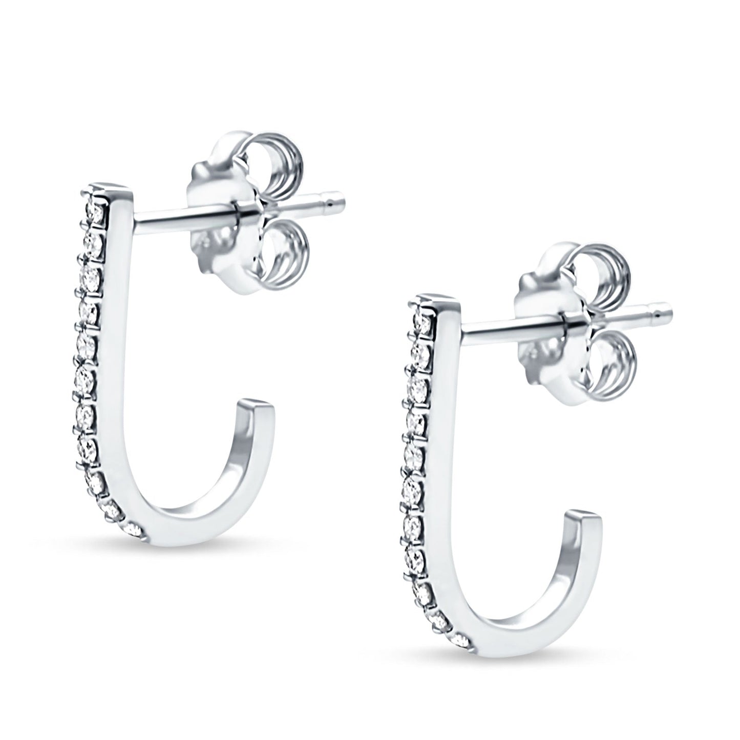 Solid 14K White Gold 12.7mm J Shaped Classic Hoop Push Back Stud Earring Round Diamond Wholesale