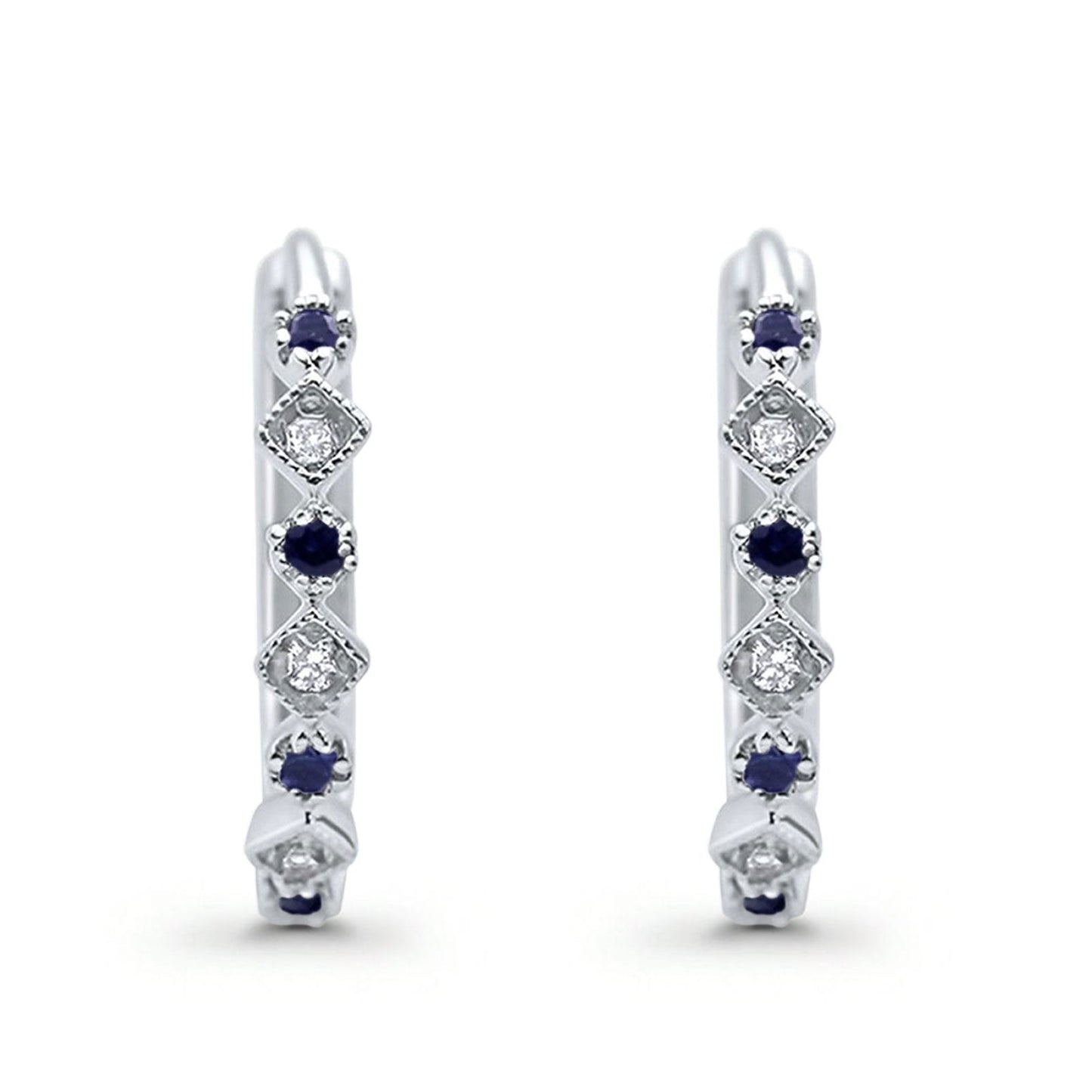 14K White Gold .16ct G SI Diamond & Blue Sapphire Hoop Huggie Earrings