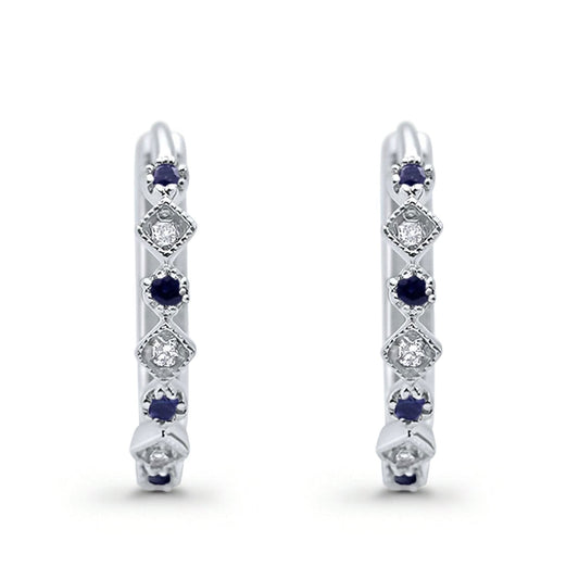 14K White Gold .16ct G SI Diamond & Blue Sapphire Hoop Huggie Earrings