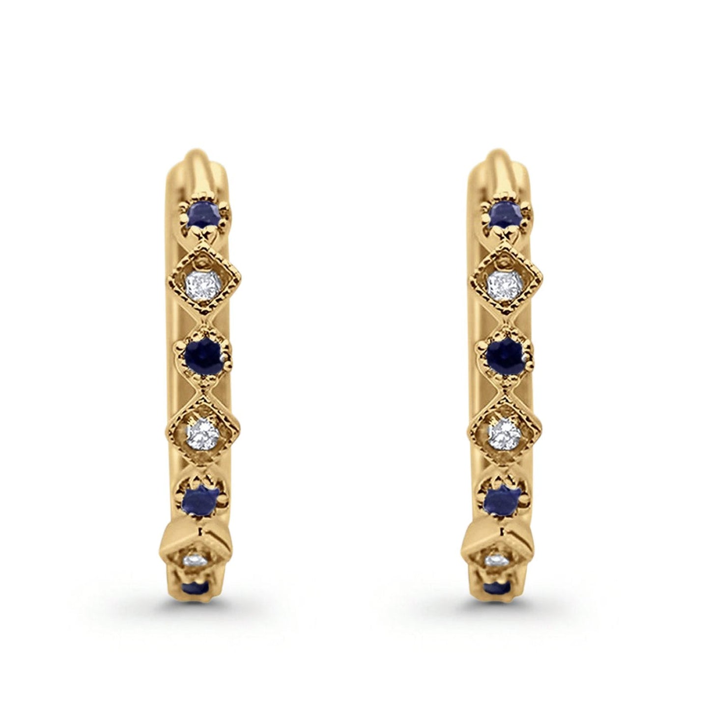 14K Yellow Gold .16ct G SI Diamond & Blue Sapphire Hoop Huggie Earrings