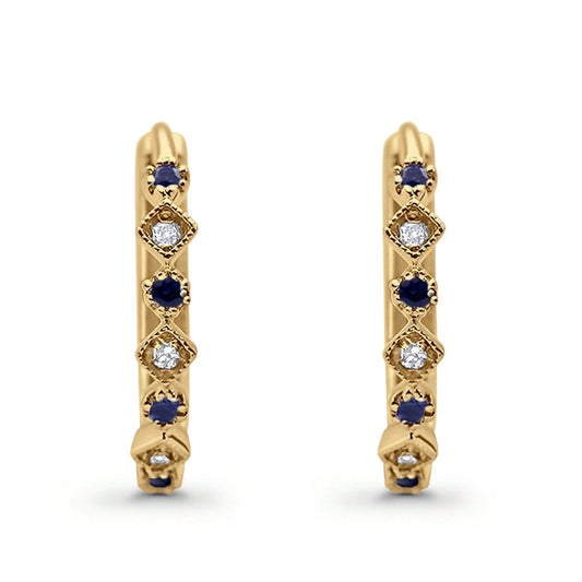 14K Yellow Gold .16ct G SI Diamond & Blue Sapphire Hoop Huggie Earrings