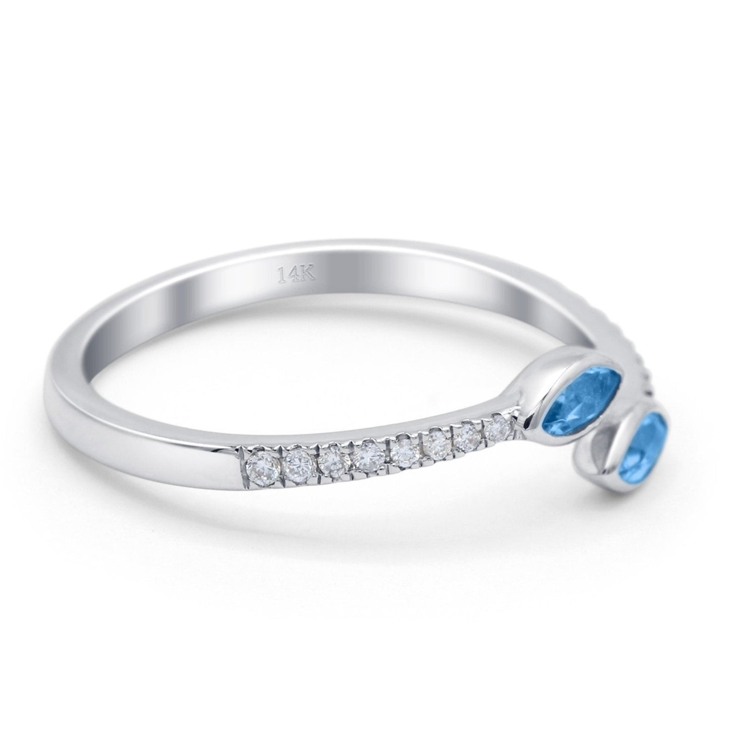 14K White Gold 0.21ct 2 Marquise Blue Topaz 6.5mm G SI Diamond Engagement Wedding Ring Size 6.5