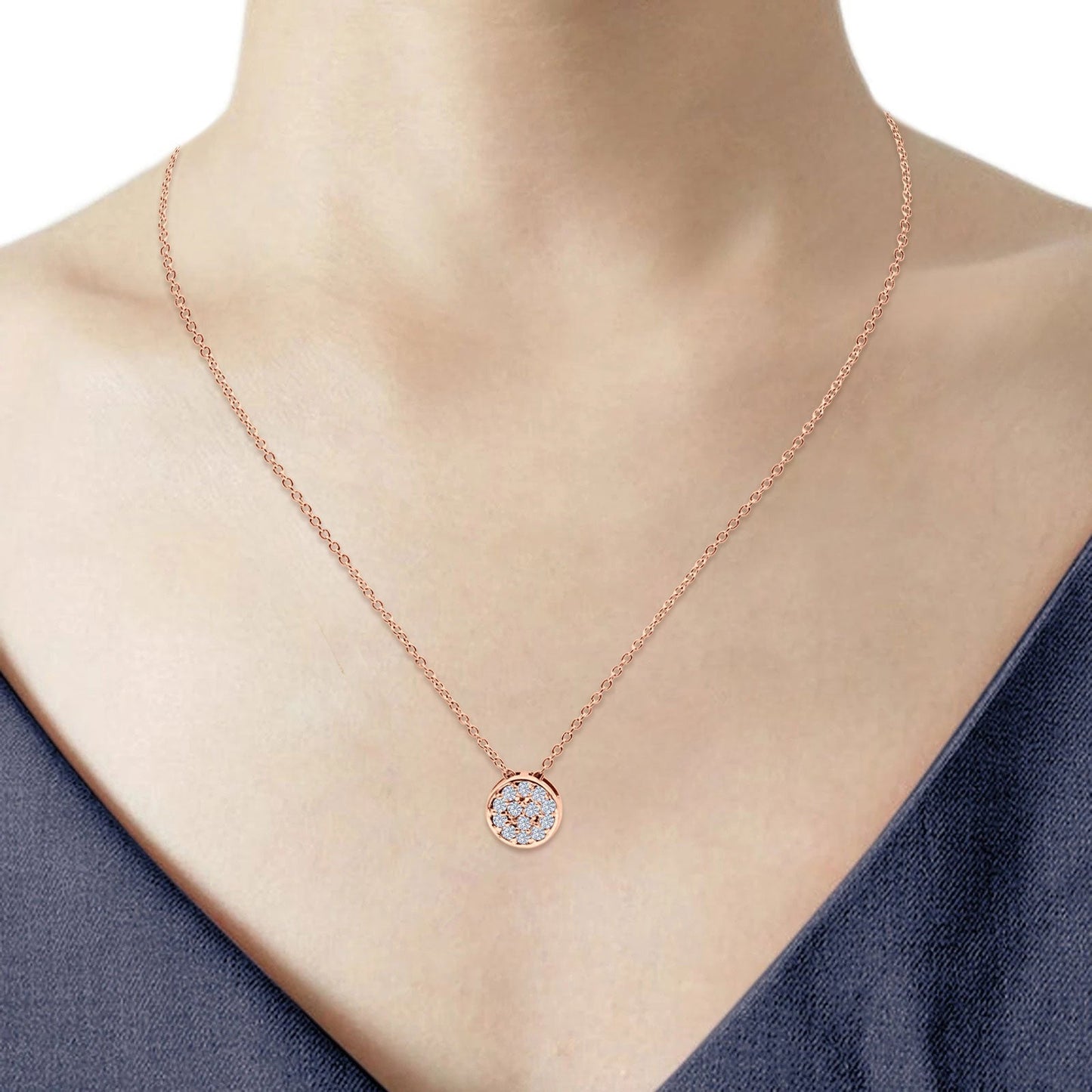 14K Rose Gold 0.08ct Round Shape Diamond Drop Solitaire Pendant Chain Necklace 18" Long