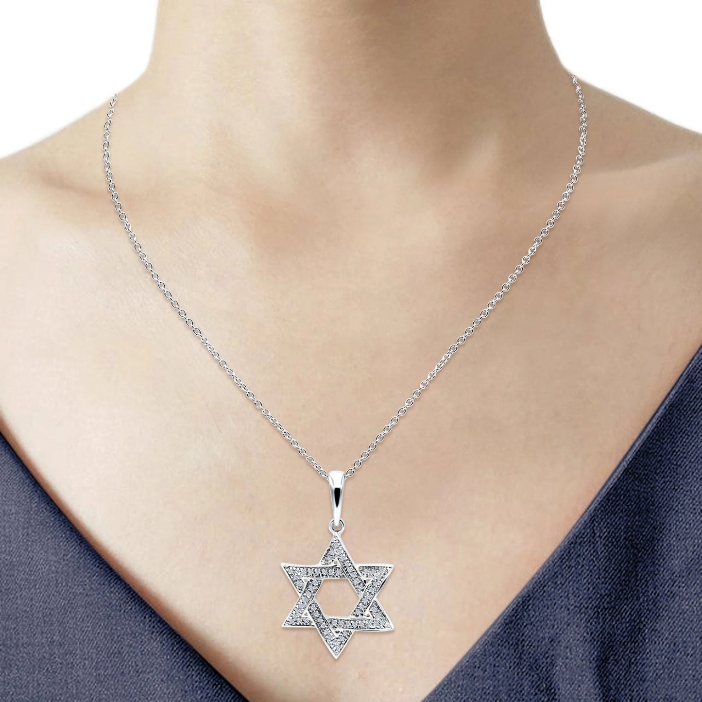 14K White Gold 0.10ct Round Shape Jewish Star Of David Diamond Pendant Chain Necklace 18" Long