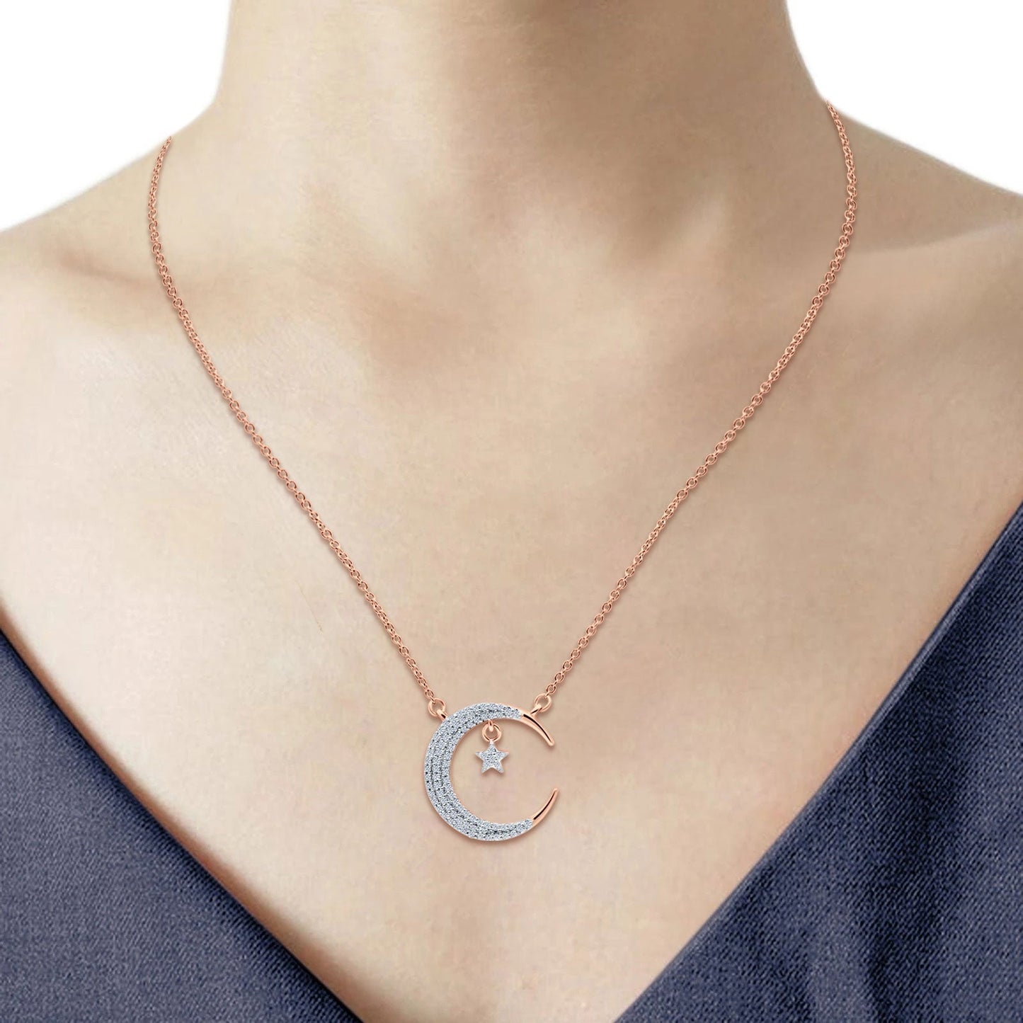 0.16ct Diamond Crescent Moon Necklace - 14K Rose Gold, 18 Inch Chain