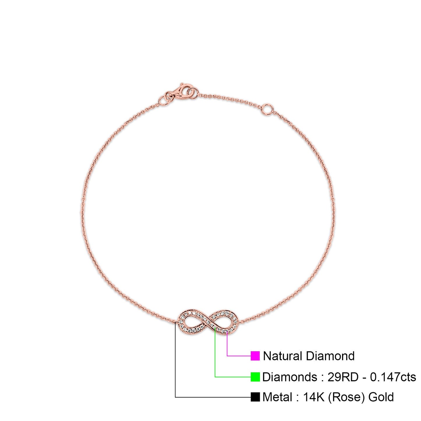 14K Rose Gold 0.147ct Round Infinity Bracelet Solid 7mm G SI Natural Diamond Engagement Wedding Bracelets