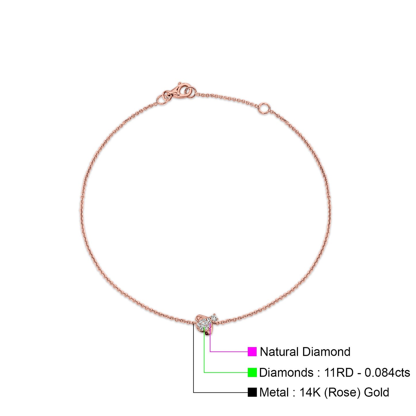 14K Rose Gold 0.084ct Round Dainty Fly Bracelet Solid 7mm G SI Natural Diamond Engagement Wedding Bracelets