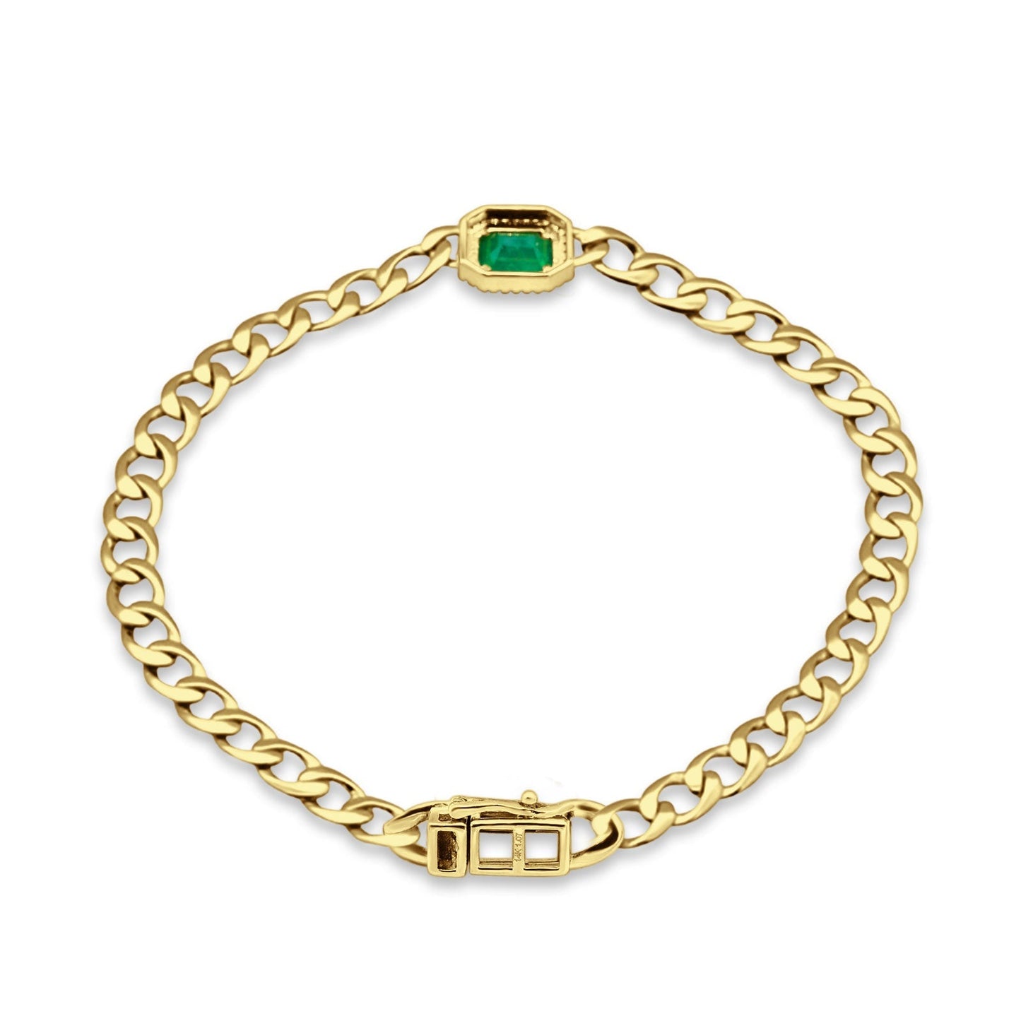 14K Yellow Gold 7Inches Link Chain Cuban Bracelet Green Emerald Cut Halo Diamond