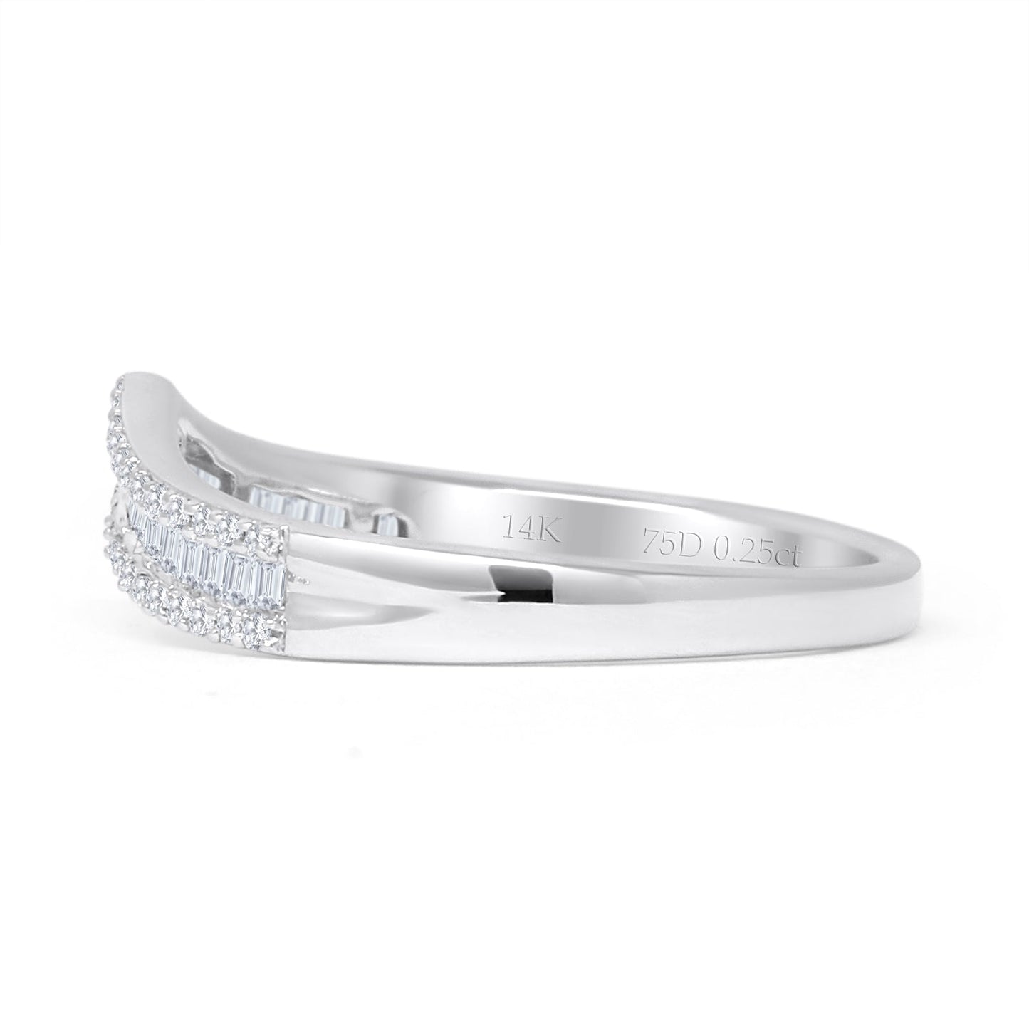 Contour Chevron Ring 0.25ct Baguette & Round Natural Diamond 14K White Gold Wholesale