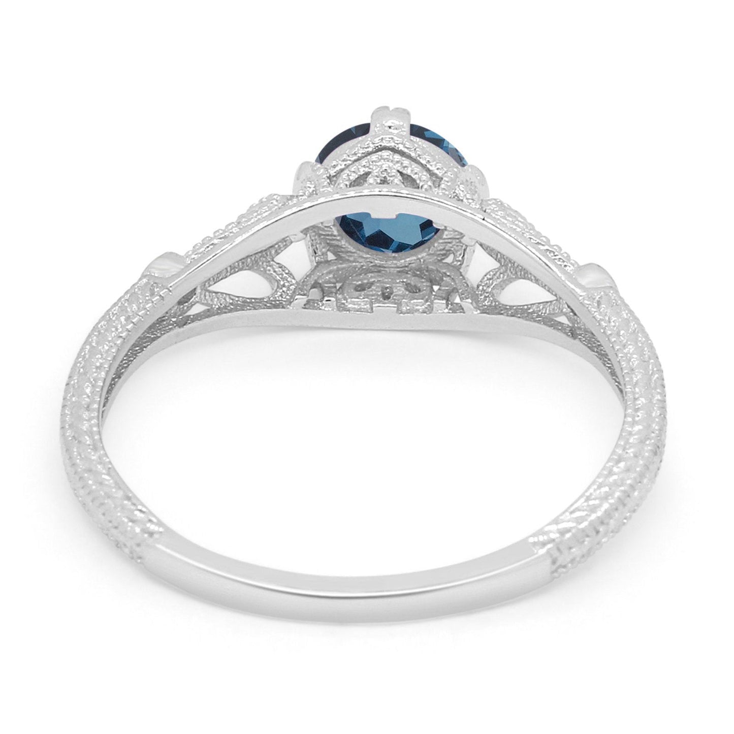 14K White Gold 0.87ct Vintage Design Solitaire Round 6mm G SI London Blue Topaz Diamond Engagement Wedding Ring Size 6.5