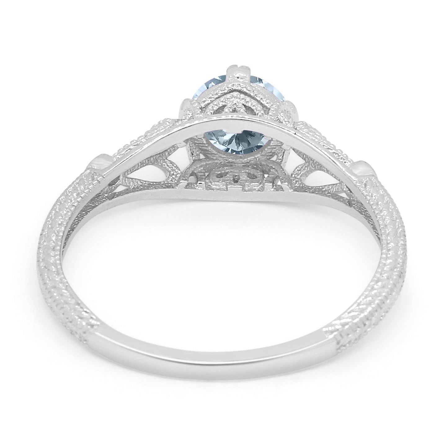 14K White Gold 0.87ct Vintage Design Solitaire Round 6mm G SI Natural Aquamarine Diamond Engagement Wedding Ring Size 6.5