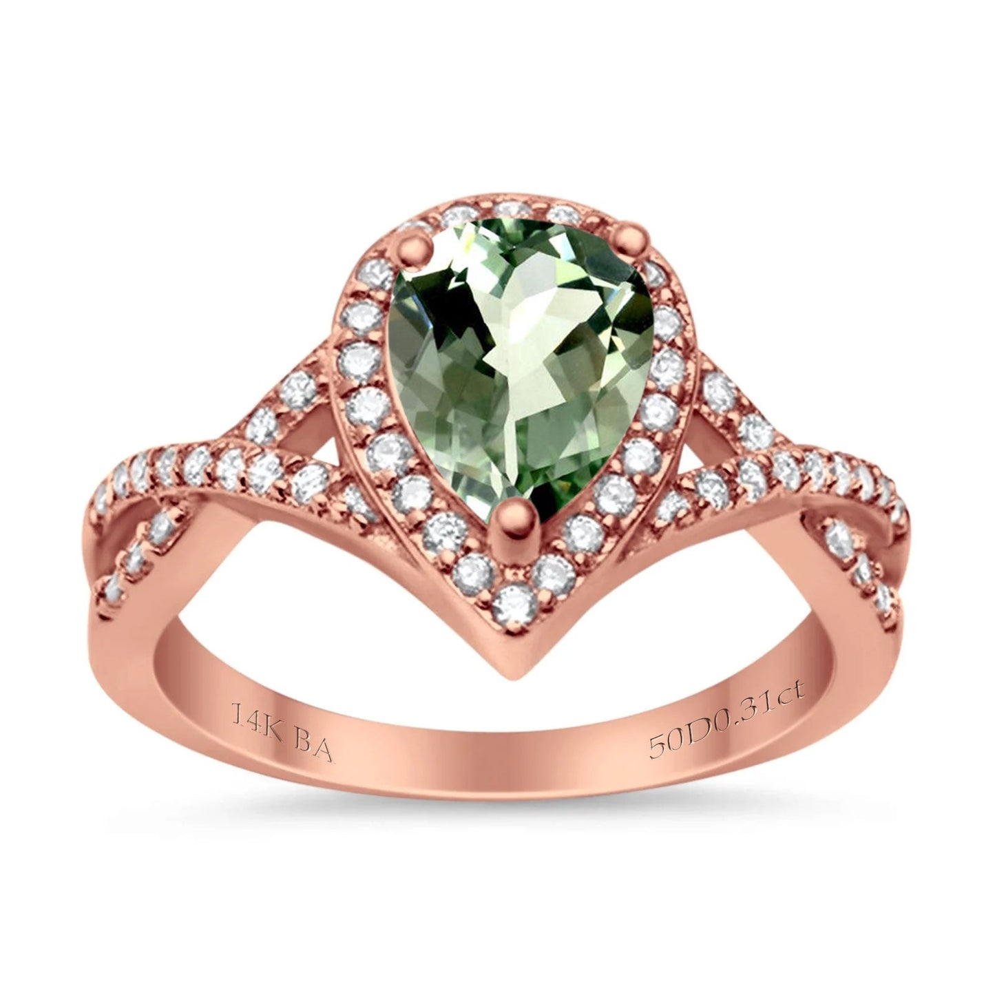 14K Rose Gold 1.56ct Teardrop Pear Infinity 11mm G SI Natural Green Amethyst Diamond Engagement Wedding Ring Size 6.5