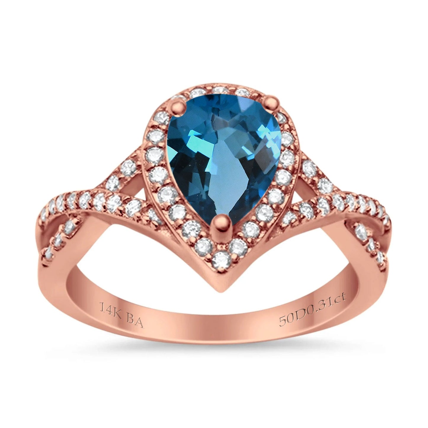 14K Rose Gold 1.56ct Teardrop Pear Infinity 11mm G SI London Blue Topaz Diamond Engagement Wedding Ring Size 6.5