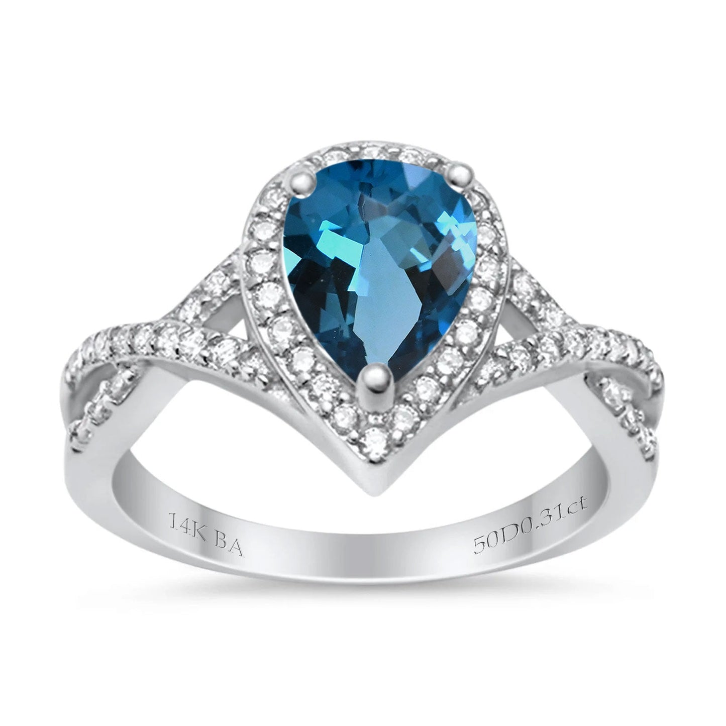 14K White Gold 1.56ct Teardrop Pear Infinity 11mm G SI London Blue Topaz Diamond Engagement Wedding Ring Size 6.5