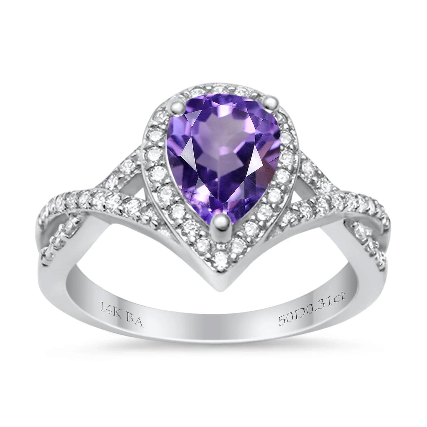 14K White Gold 1.56ct Teardrop Pear Infinity 11mm G SI Natural Amethyst Diamond Engagement Wedding Ring Size 6.5