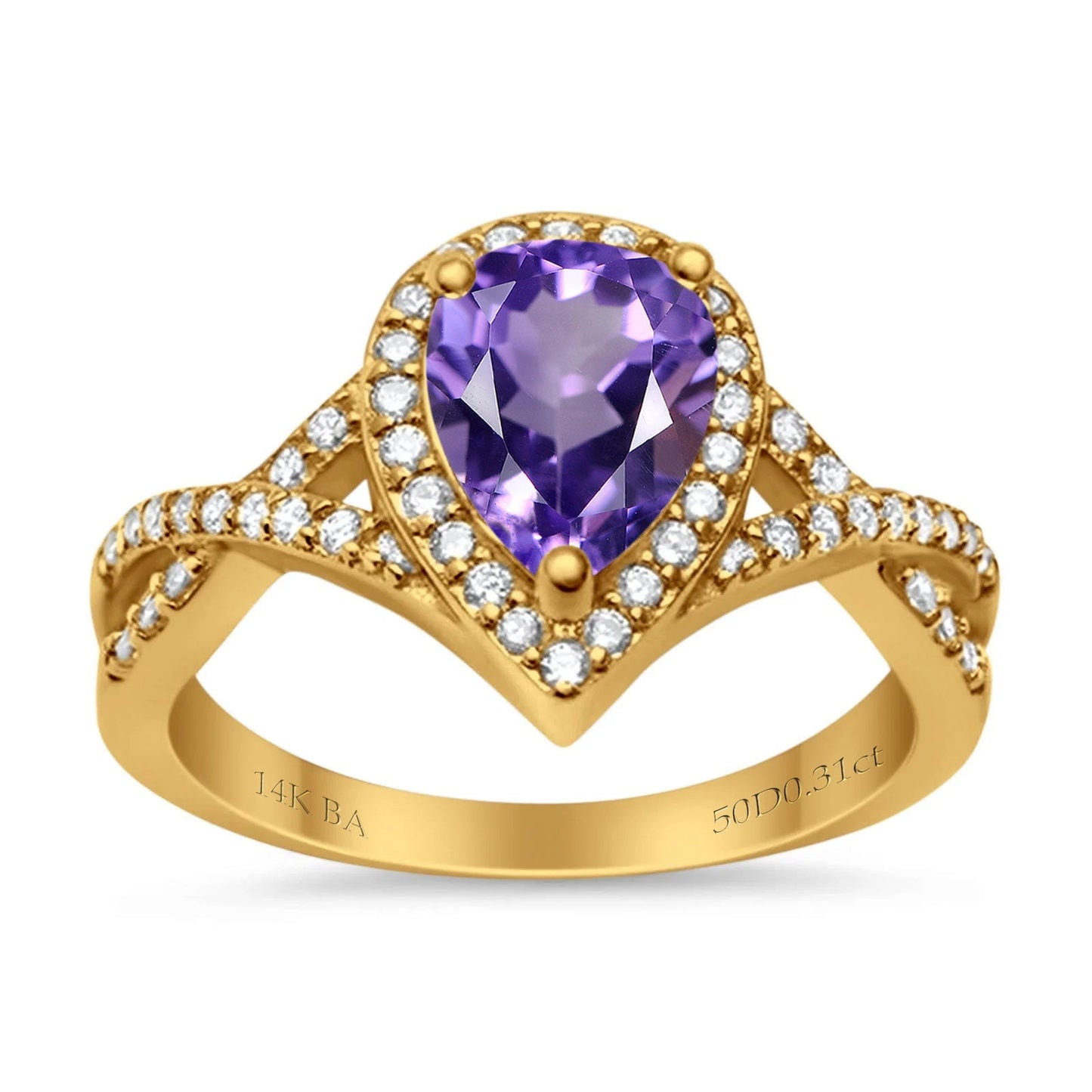 14K Yellow Gold 1.56ct Teardrop Pear Infinity 11mm G SI Natural Amethyst Diamond Engagement Wedding Ring Size 6.5