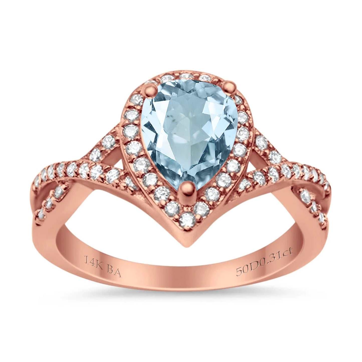 14K Rose Gold 1.56ct Teardrop Pear Infinity 11mm G SI Natural Aquamarine Diamond Engagement Wedding Ring Size 6.5