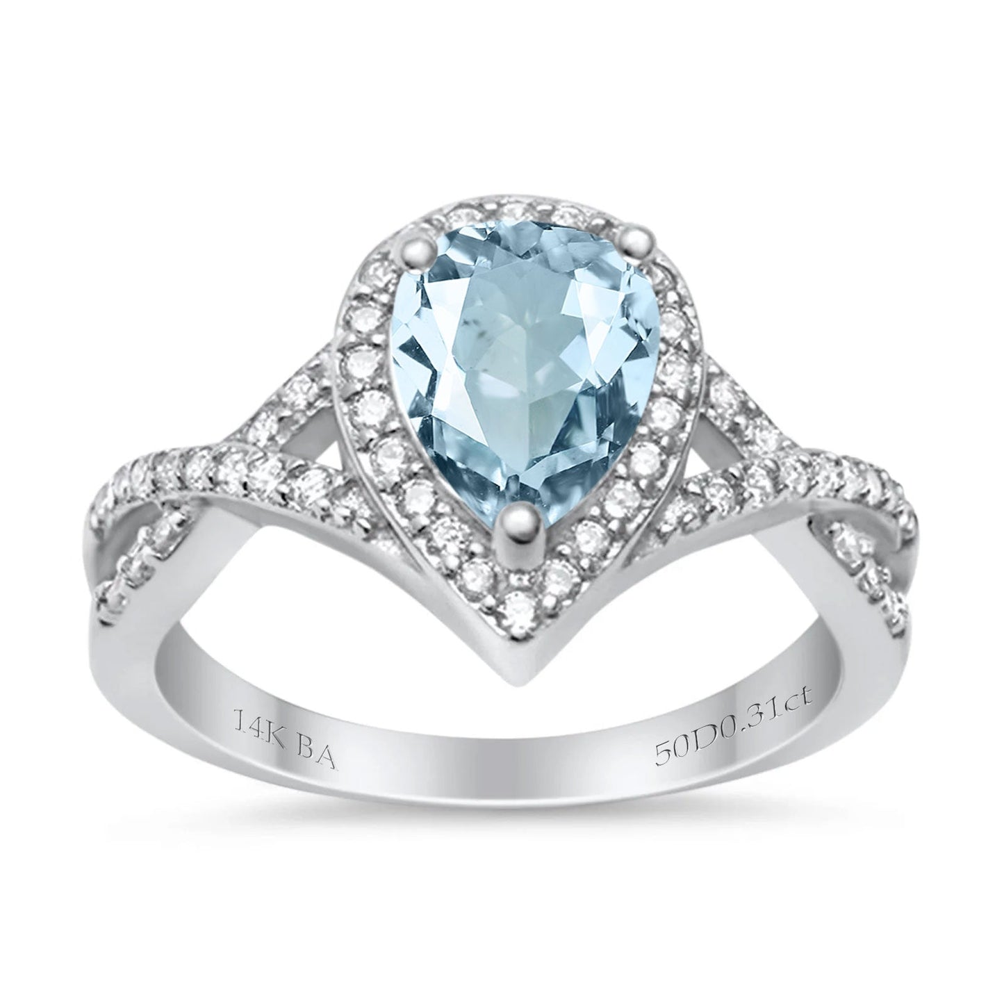 14K White Gold 1.56ct Teardrop Pear Infinity 11mm G SI Natural Aquamarine Diamond Engagement Wedding Ring Size 6.5