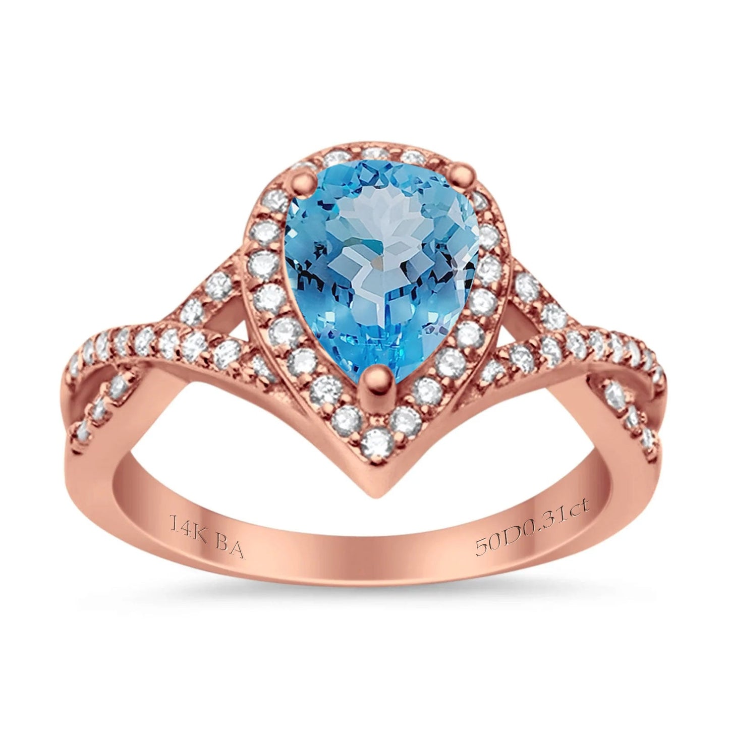 14K Rose Gold 1.56ct Teardrop Pear Infinity 11mm G SI Natural Blue Topaz Diamond Engagement Wedding Ring Size 6.5