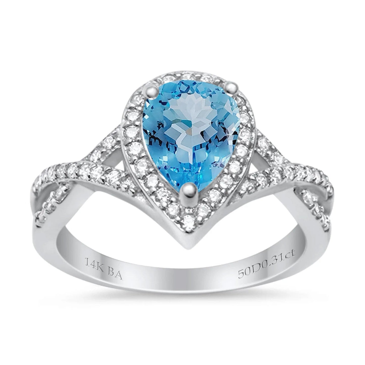 14K White Gold 1.56ct Teardrop Pear Infinity 11mm G SI Natural Blue Topaz Diamond Engagement Wedding Ring Size 6.5