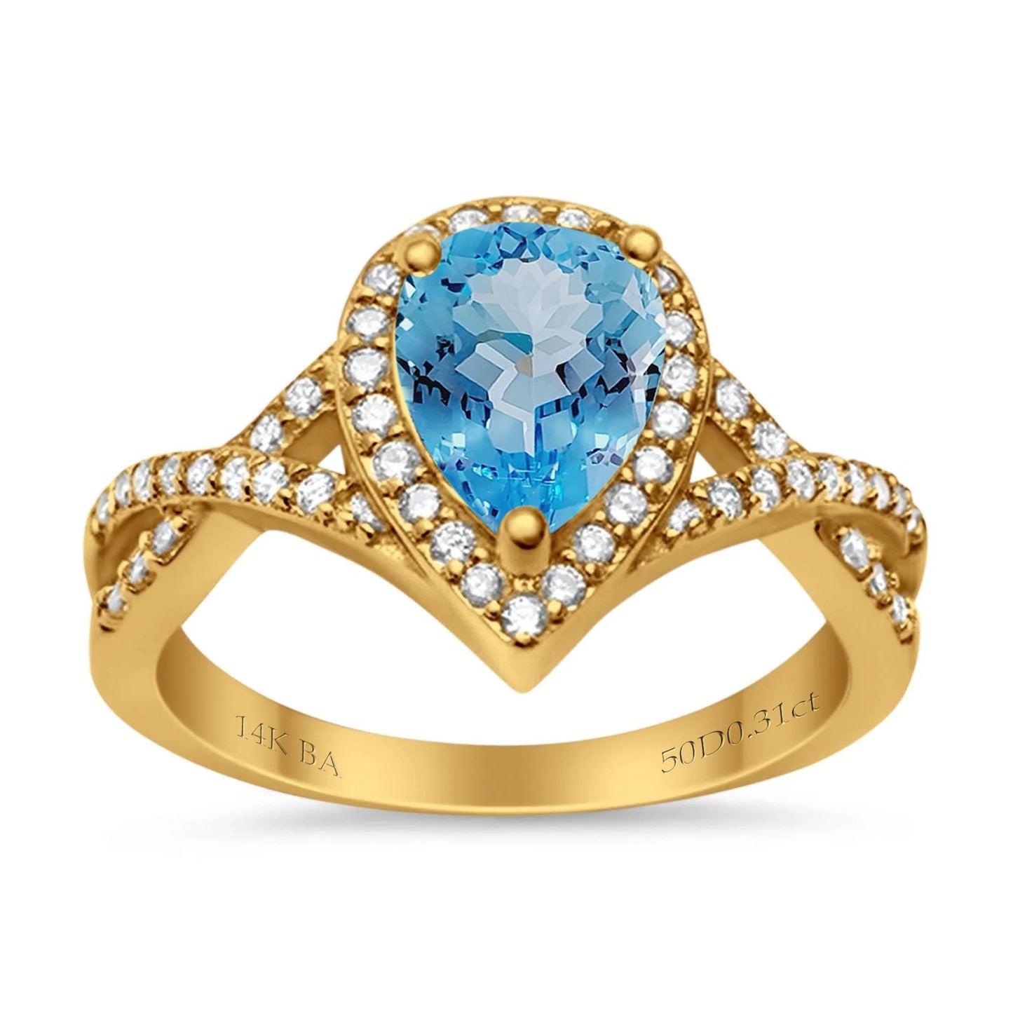 14K Yellow Gold 1.56ct Teardrop Pear Infinity 11mm G SI Natural Blue Topaz Diamond Engagement Wedding Ring Size 6.5