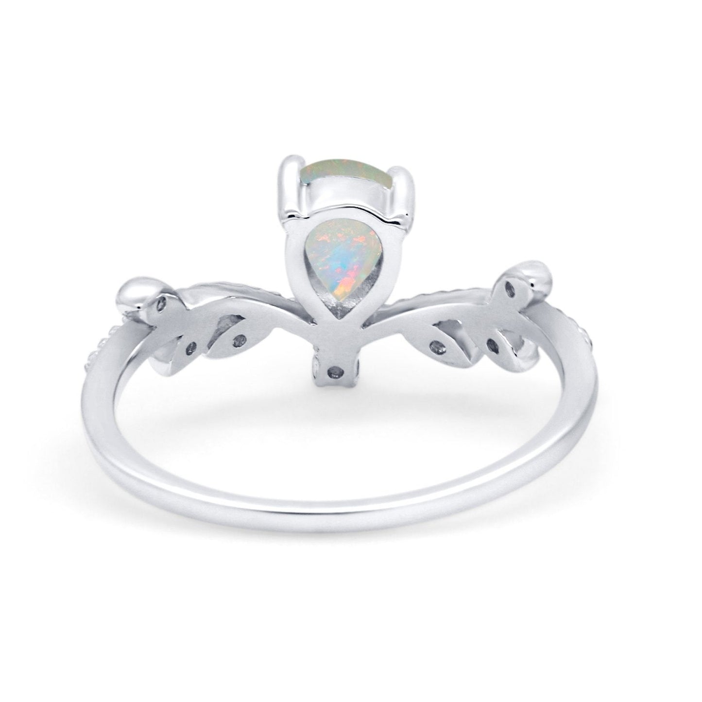 14K White Gold Pear Natural White Opal 0.06ct G SI Diamond Engagement Ring Size 6.5