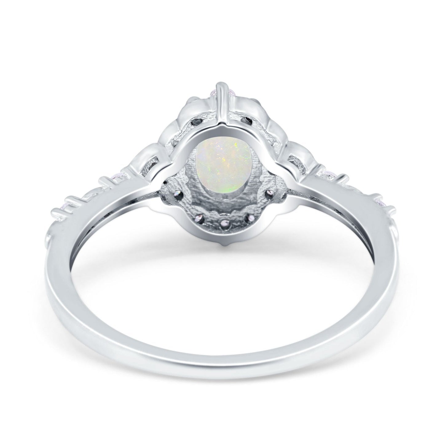 14K White Gold Oval Natural White Opal 0.19ct G SI Diamond Engagement Ring Size 6.5