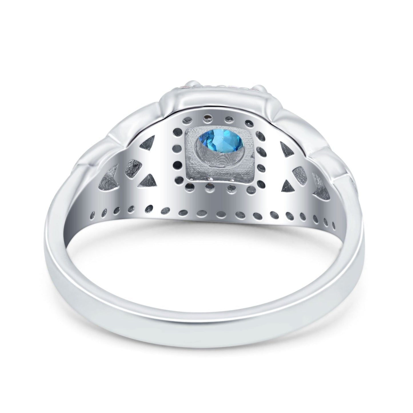 14K White Gold 0.69ct Round Art Deco 5mm G SI Natural Blue Topaz Diamond Engagement Wedding Ring Size 6.5