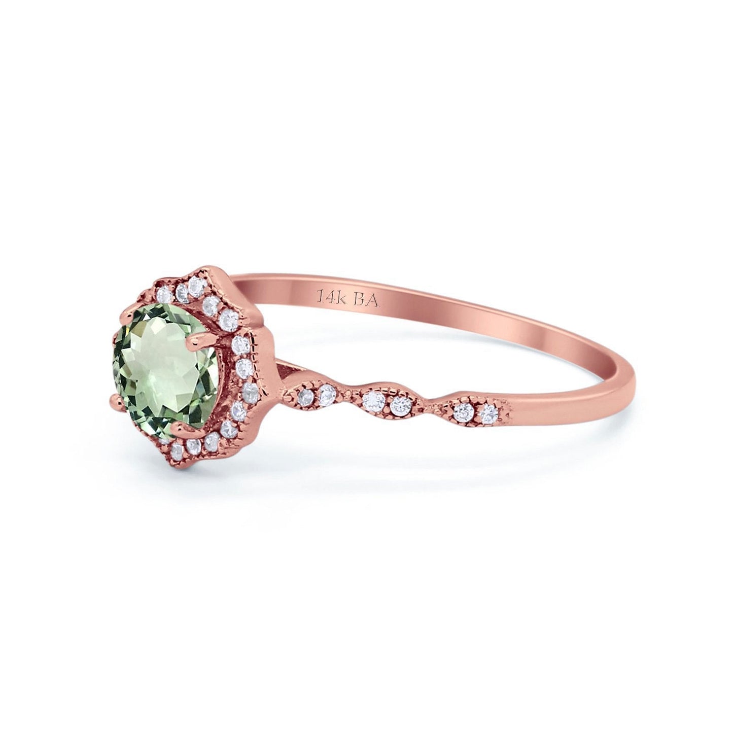 14K Rose Gold 0.99ct Round Petite Dainty 6mm G SI Natural Green Amethyst Diamond Engagement Wedding Ring Size 6.5